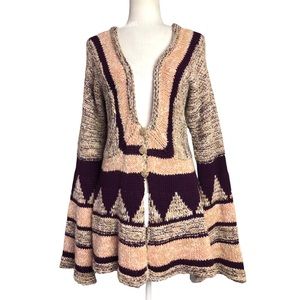 Free People Cardigan Wool Alpaca Tan Purple Geometric Button Flare Sleeve Boho